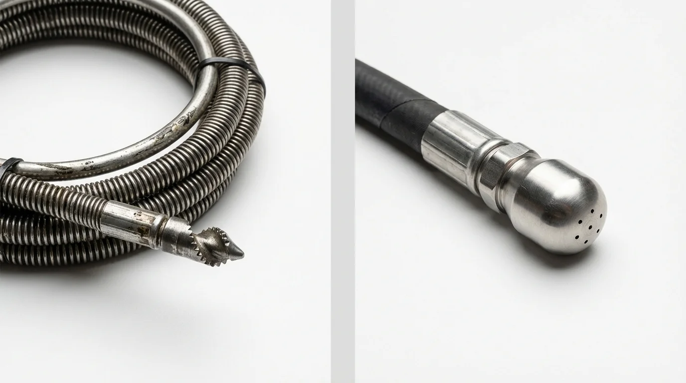 Drain snake cable and hydro jetting nozzle used for drain cleaning in Hebron, ME
