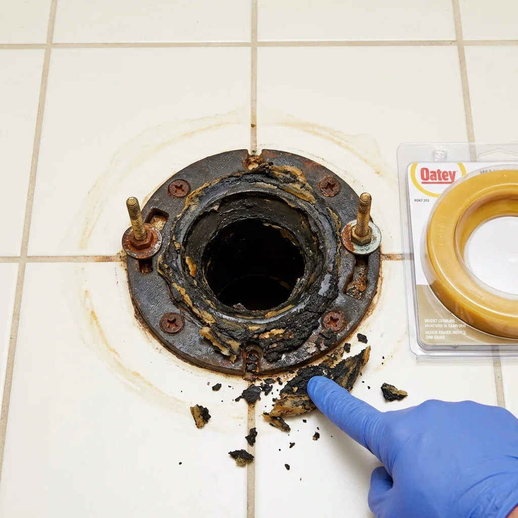 Failed wax ring showing water seepage at the base of a toilet in a Hebron, ME home