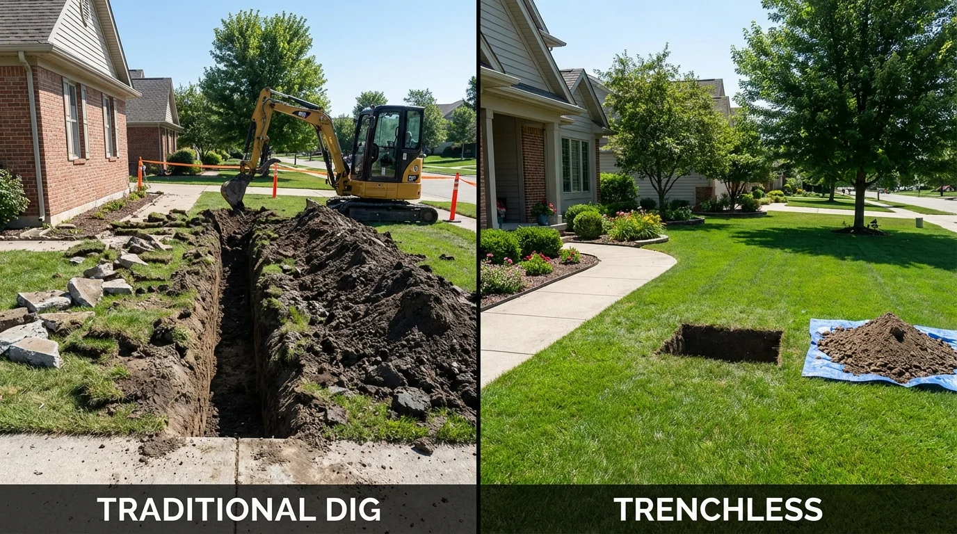 Trenchless sewer repair with minimal yard damage versus traditional excavation in Hebron, ME